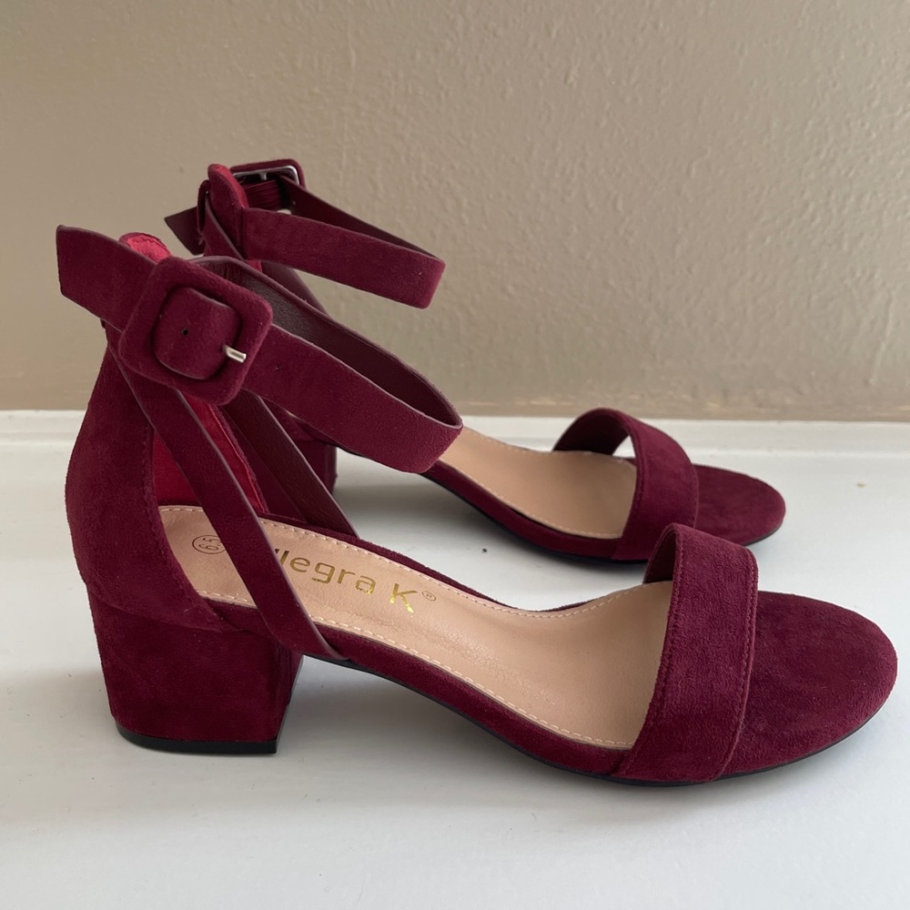 🆕 Maroon Suede Open Toe Casual Ankle Strap Heels